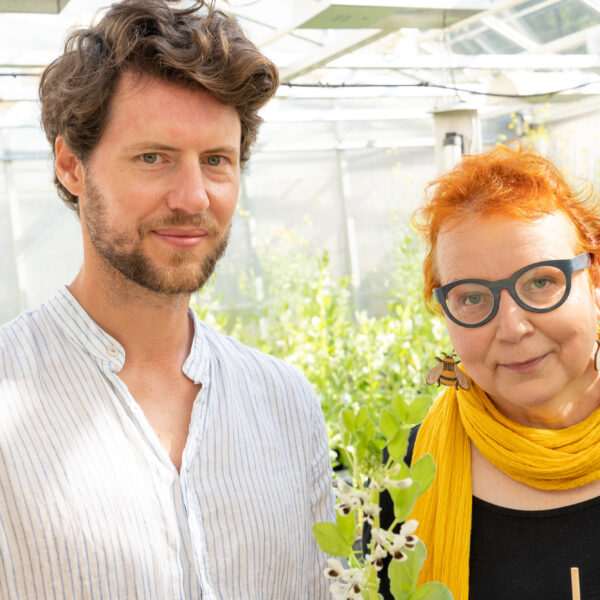 Tutkijat Benjamin Fuchs ja Marjo Helander kuvattuna Turun yliopiston kasvitieteellisessä puutarhassa Ruissalossa.