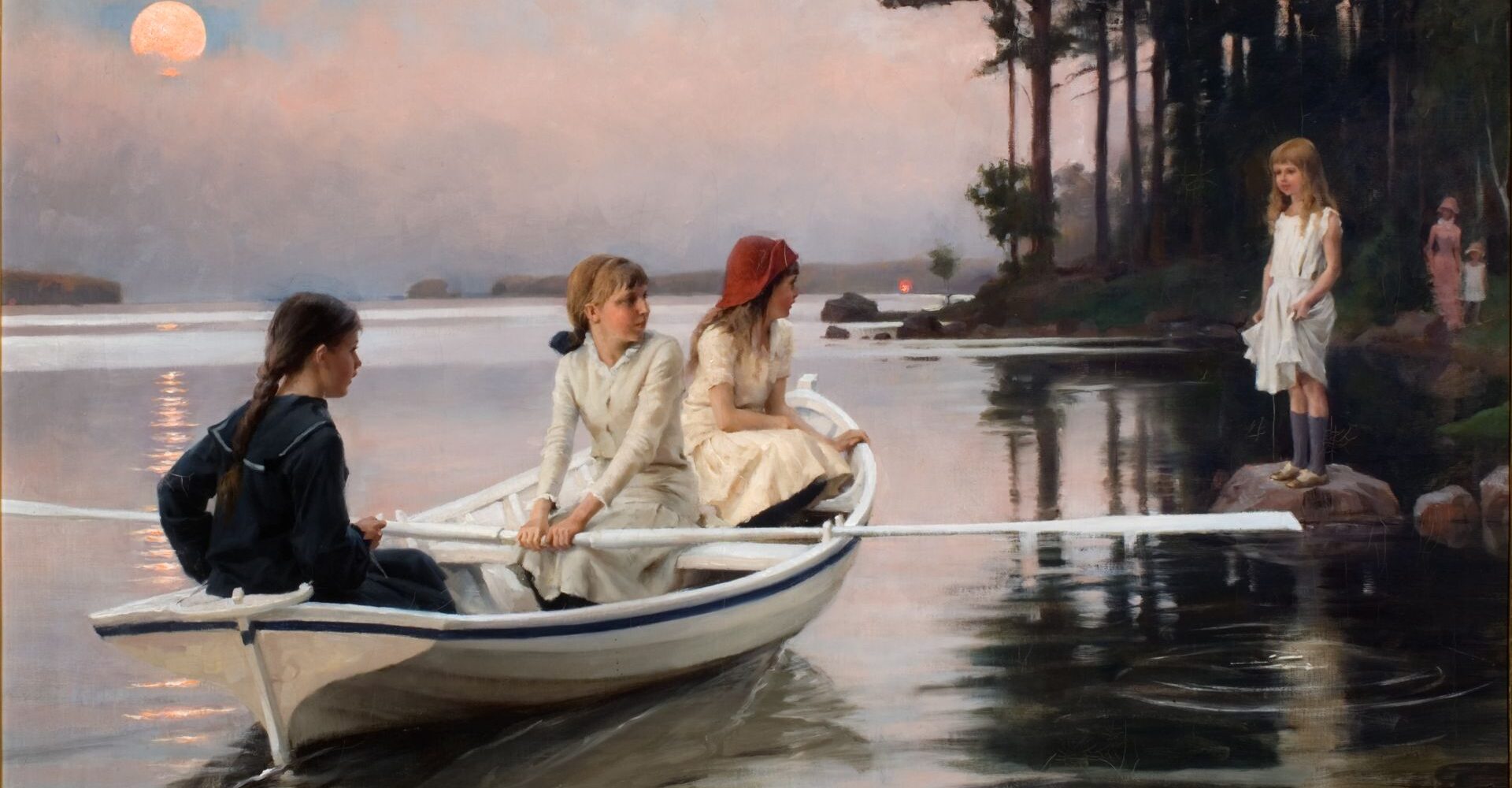 Albert Edelfelts kända målning "I sommarkväll" som föreställer tre flickor i en roddbåt och en kvinna vid strandkanten som håller ett litet barn i handen.